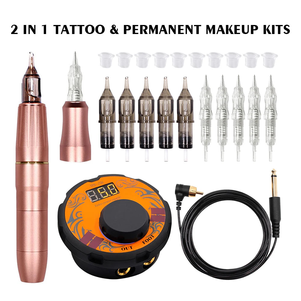 BIOMASER Newest Permanent Makeup Tattoo Machine 2 Head Rose Gold Microblading Pen Equipment 3D Microblading Tattoo Gun Set
