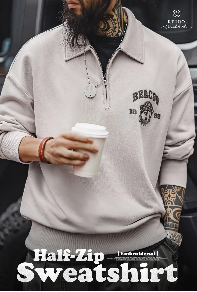 Maden Vintage Men's Long Sleeve Embroidered Sweatshirt with Letters Half-open Front Casual Hoodie Turned-up Collar for Spring