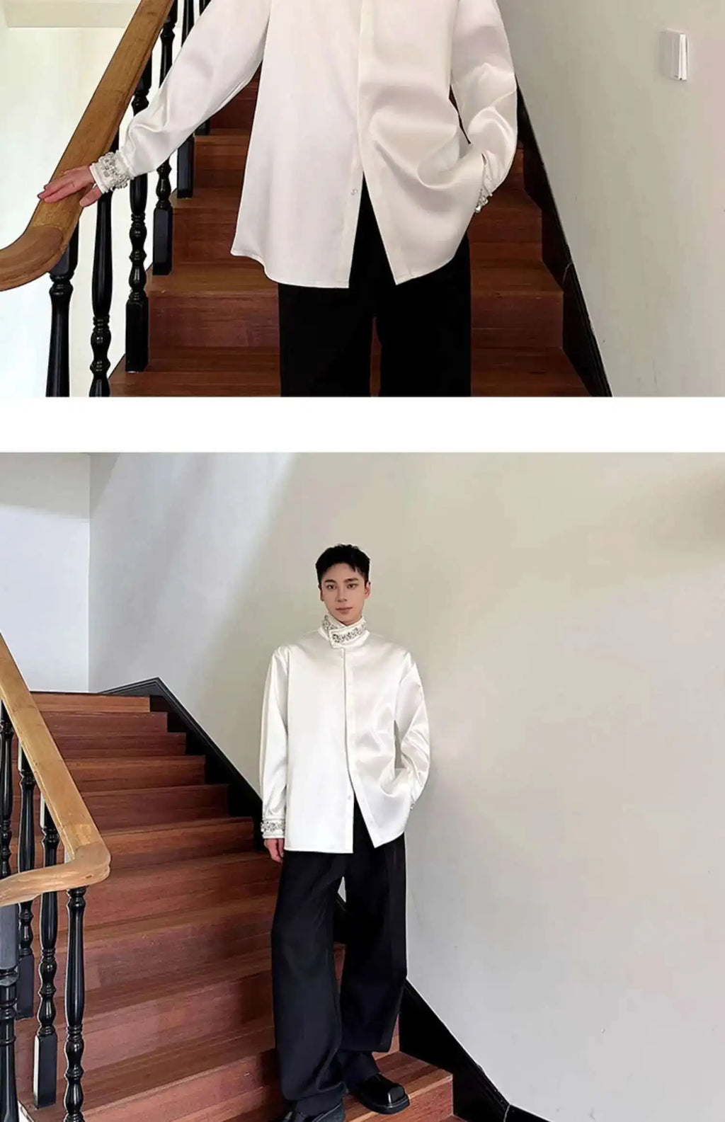 PFHQ Diamond Decoration Satin Long Sleeve Male Shirts Stand Collar Solid Color Single Breasted Men's Wear 2025 New Fashion9C7199