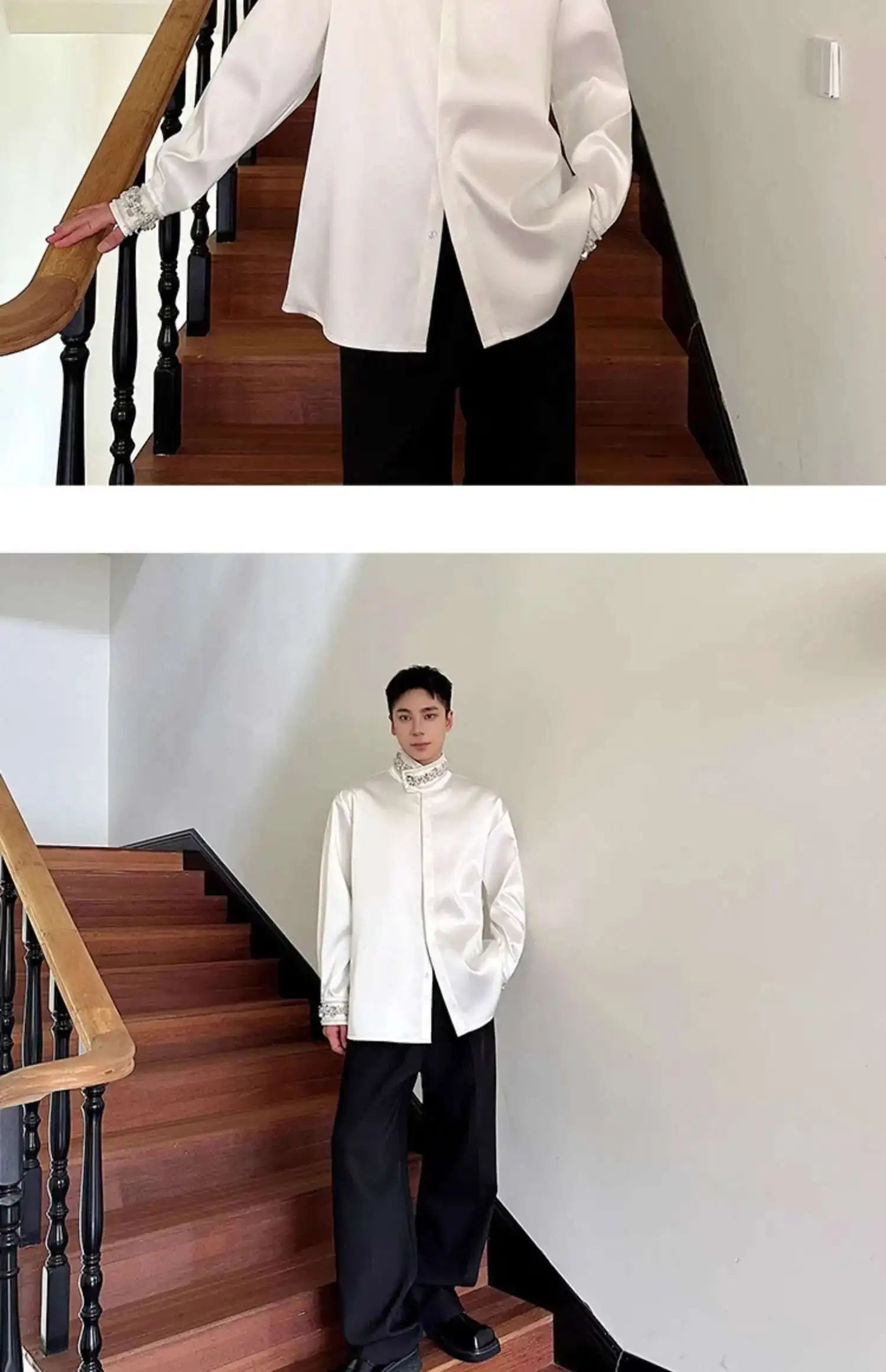 PFHQ Diamond Decoration Satin Long Sleeve Male Shirts Stand Collar Solid Color Single Breasted Men's Wear 2025 New Fashion9C7199