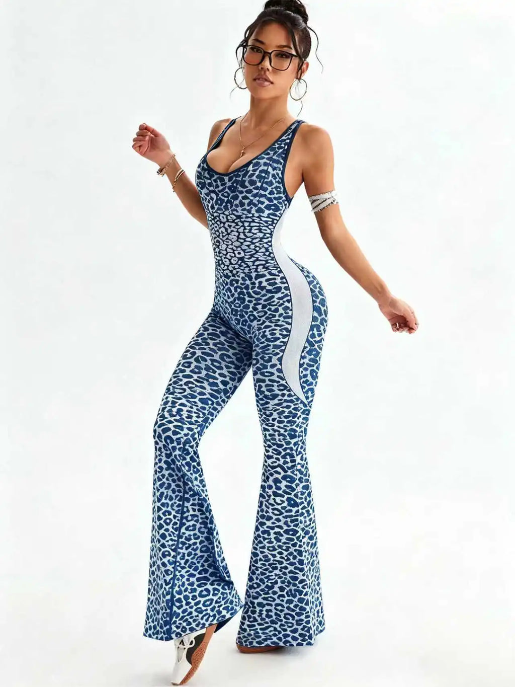 New Leopard Print Bodysuit Women Seamless Flared Pants Jumpsuits Sexy One-piece Fitness Suit Cross Back Stretchy Yoga Jumpsuits