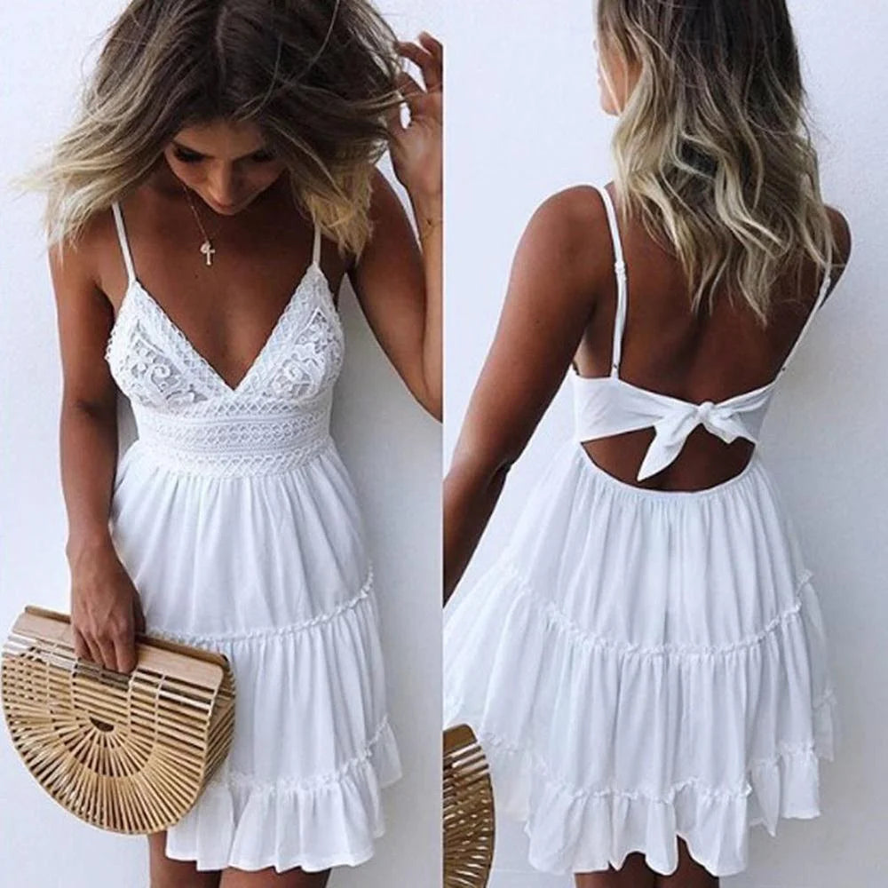 New Women Party Lace Flower Backless Mini Dress Summer Sexy Sling Spaghetti straps Deep V Neck Wedding Club Vestidos