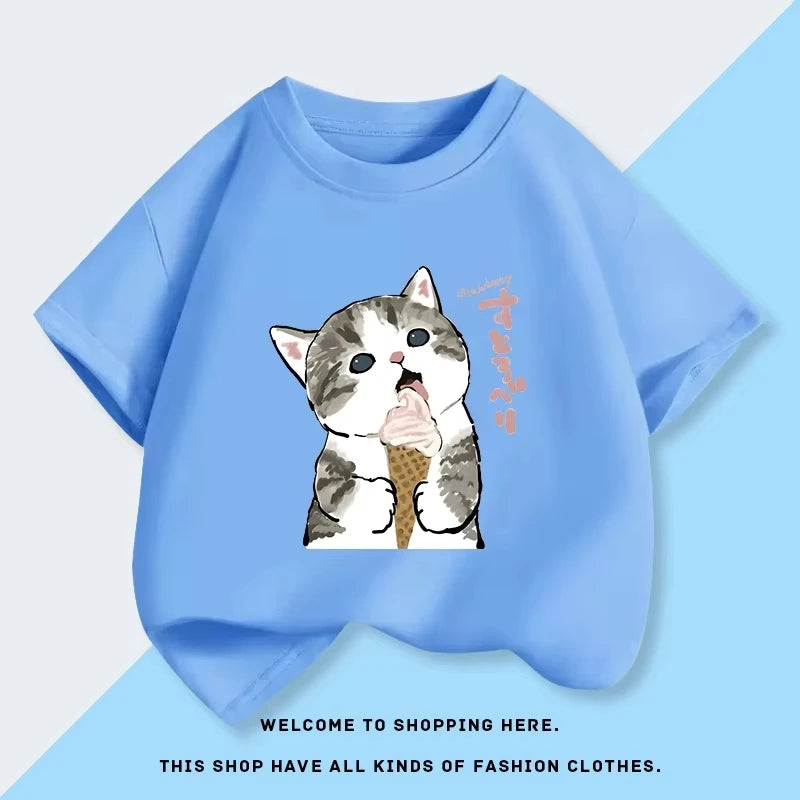 2026 New Mofusand Cat Girl's Clothing Short Sleeved T-shirt Baby Pure Cotton Top Summer New Clothes Children's Base Shirt