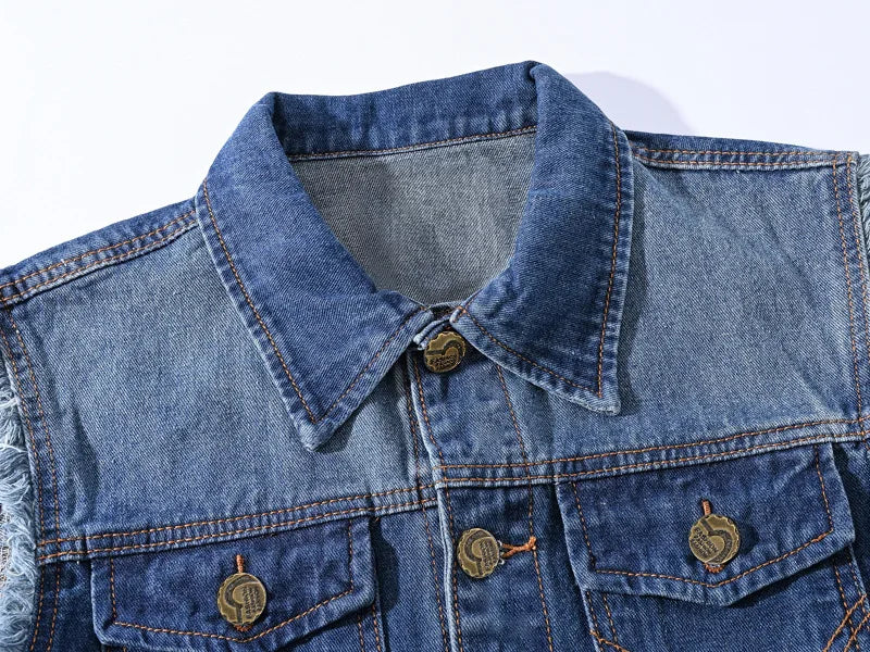 New Fashion Men Ripped Denim Waistcoats Sleeveless Jackets Light Blue Holes Denim Vests Male Cotton Slim Jeans Waistcoats 6XL