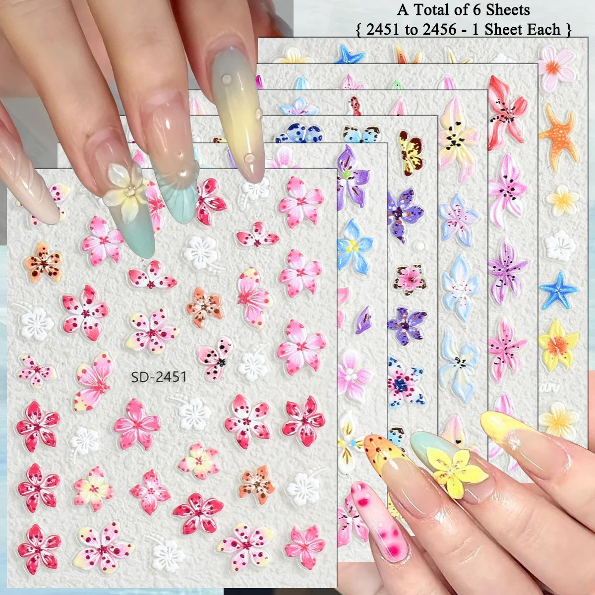 3 to 120 Sheets Tropical Flower Nail Stickers Hibiscus Butterfly Starfish Nail Decals 5D Embossed Self Adhesive Summer Nail Art