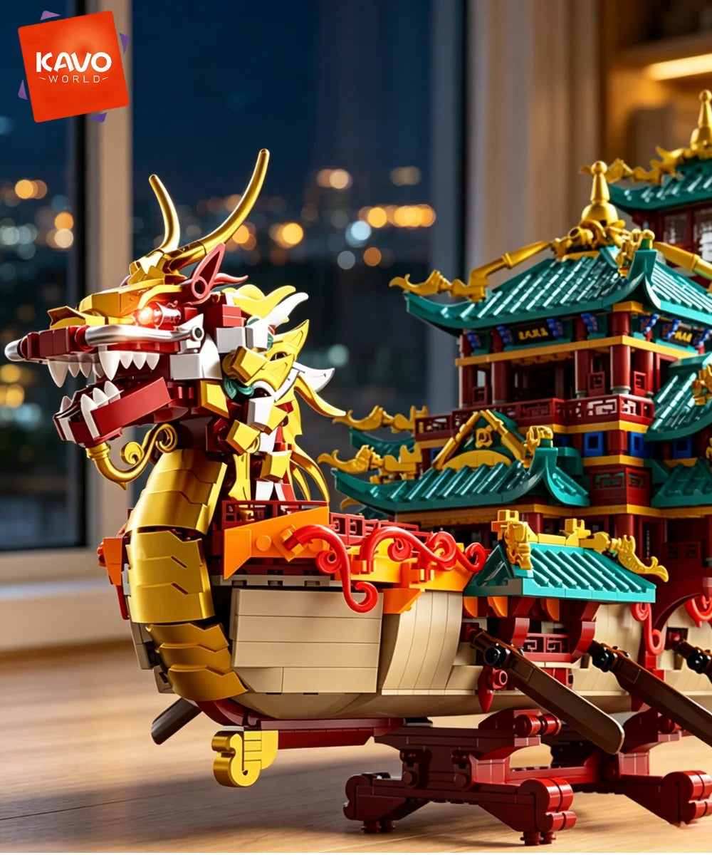 KAVOWORLD 2453pcs Dragon Boat Building Blocks Festival Chinese Ancient Pavilion Ship Display Model with LED Light Traditional DIY Loong Vessel Brick Assembly Puzzle Set Home Ornament Architecture MOC Construction Kit Hallowee