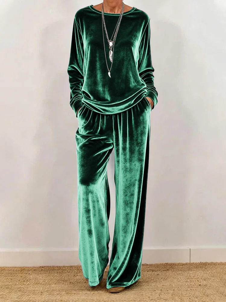2026 Women Spring Autumn Velvet Two Piece Suit Fashion Solid Color O-Neck Top+Wide Leg Pants Set Ladies Loose Comfortable Outfit