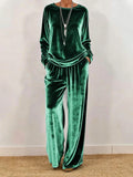2026 Women Spring Autumn Velvet Two Piece Suit Fashion Solid Color O-Neck Top+Wide Leg Pants Set Ladies Loose Comfortable Outfit