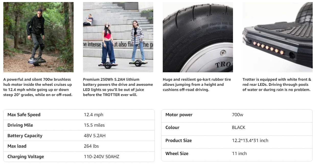 Trotter Electric Unicycle Electric Skateboard 12.4mph 11in Tire 250Wh Battery 700W Motor With One Wheel Only