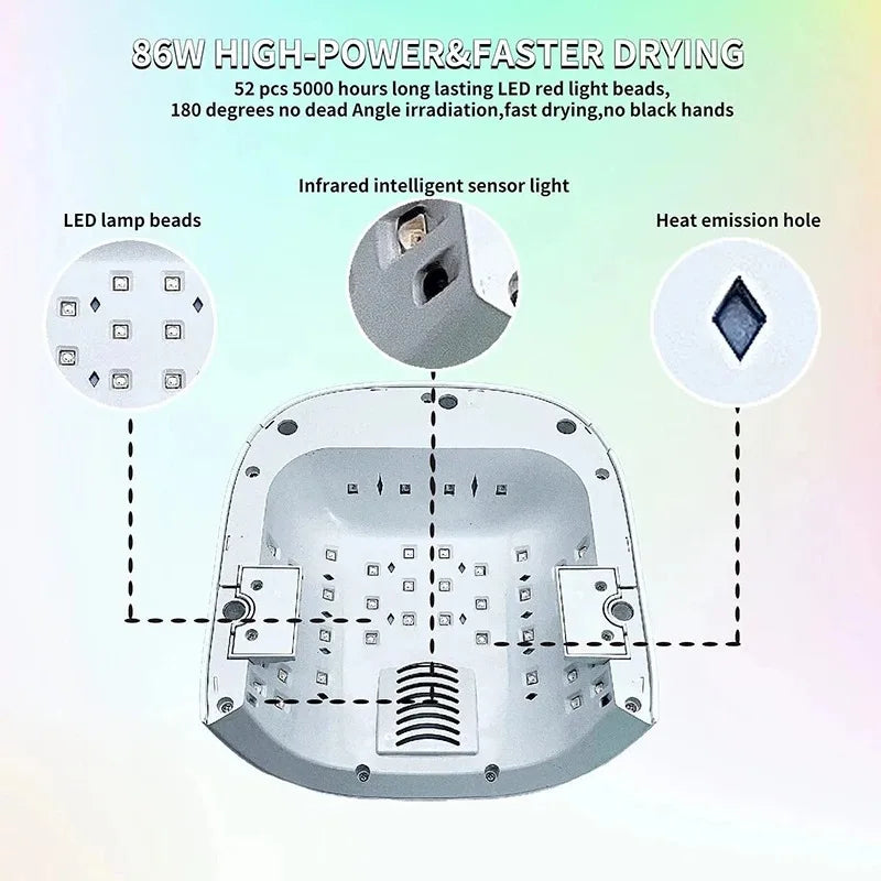 86W Lamp for Manicure Rechargeable Cordless Sun UV LED Lamp Nail Dryer For Curing All Gels 52 LEDs Light with LCD Timer Sensor