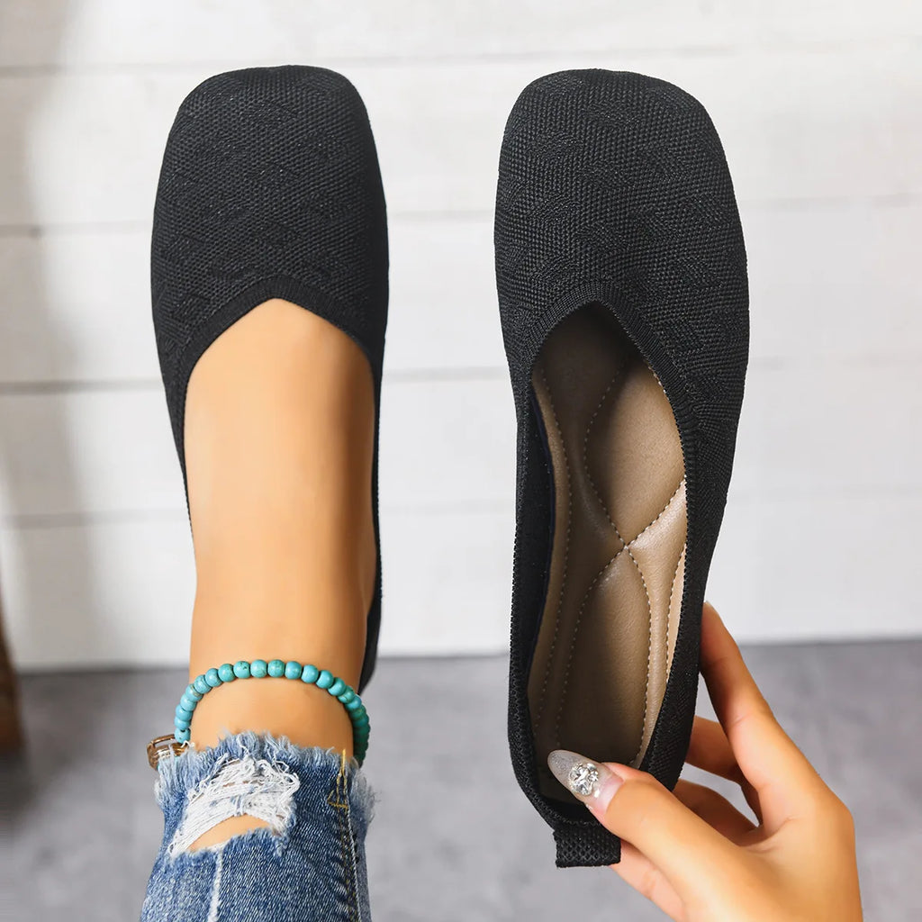 New 2026 Spring/autumn Square Toe Flat Office Boat Solid Color Knitted Slip on Shoes Casual Ballet Flats Shoes Women Loafers