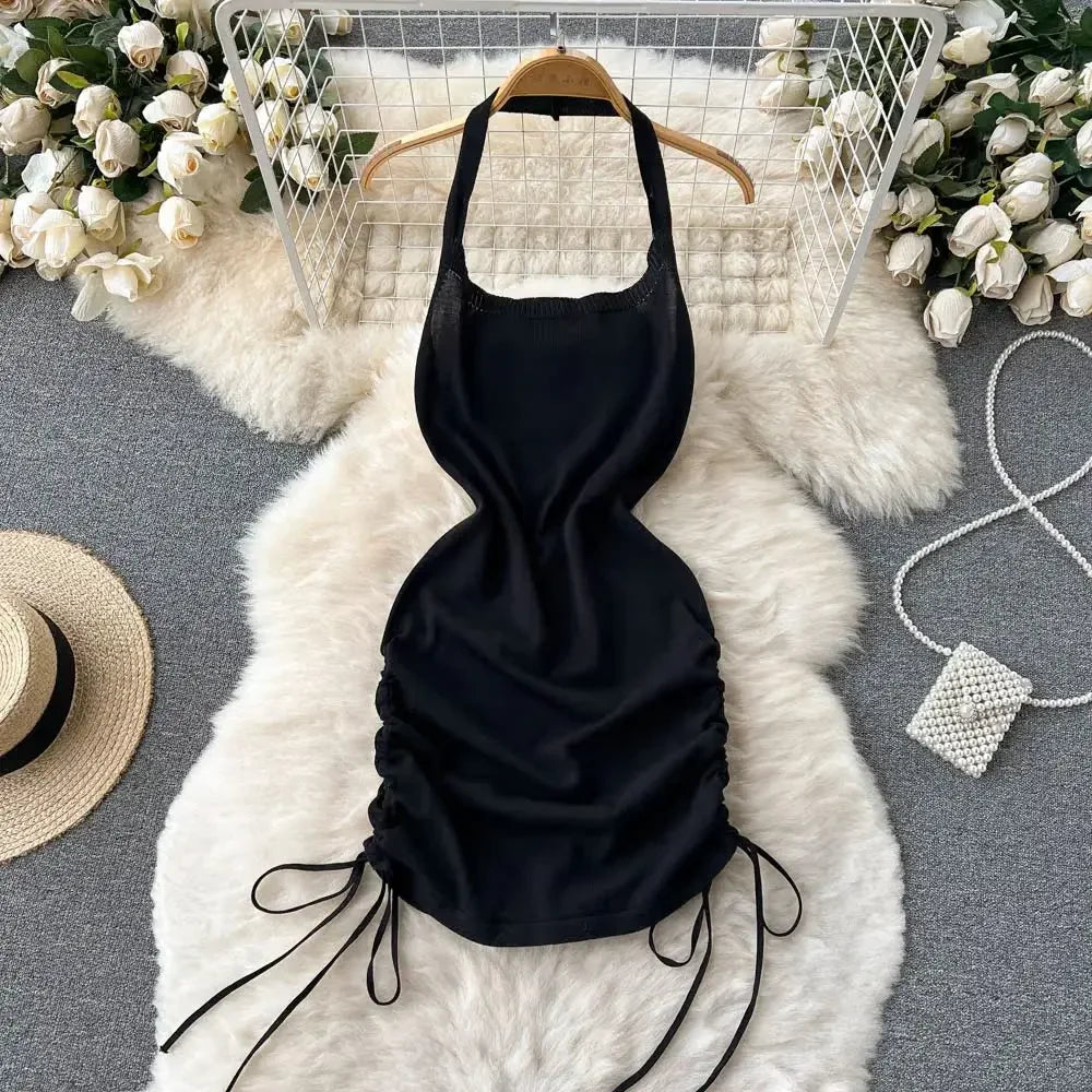 2024 Fashion Y2K Solid Knitted Women Dress Sexy Halter Backless Slim Elastic Bodycon Summer Short MiniDress Streetwear Vestidos