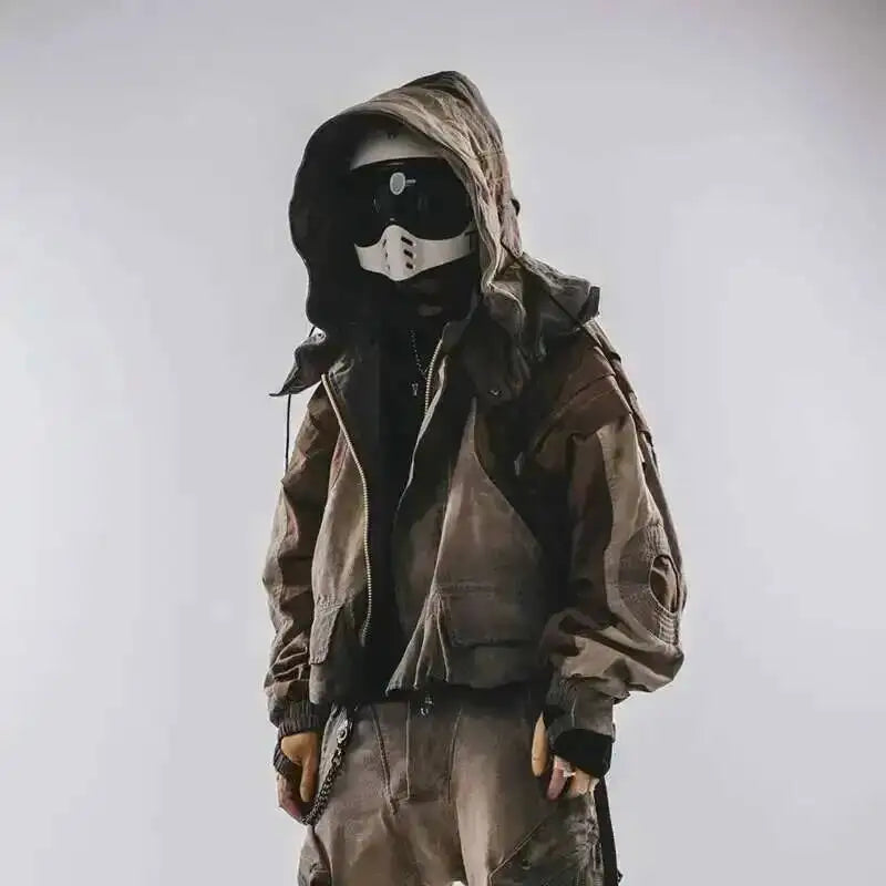 HKSH Autumn New Men's Hooded Distressed Patchwork Folded Waste Land Tactical Punk Techwear Shoulder Batwing Sleeve Jacket HK2392