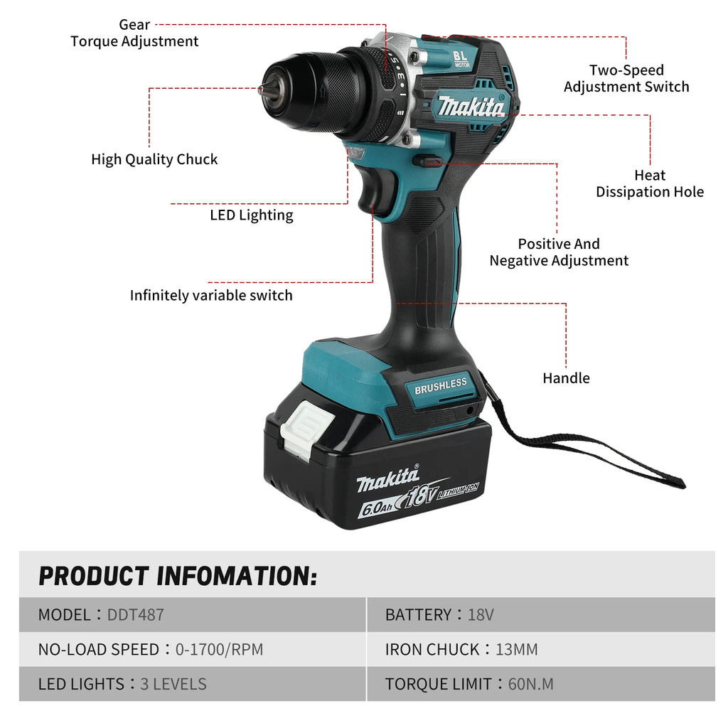 2025 New Makita DDF487 18V Cordless Brushless Drill 10mm Compact Driver for Home Renovation & DIY Craft Projects
