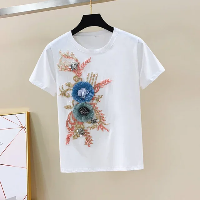 Two-Piece Suit 2025 Summer New Women Denim Pants Beading Embroidery Tshirt Tops+ High Waist Hole Jeans Female Casual Outfits