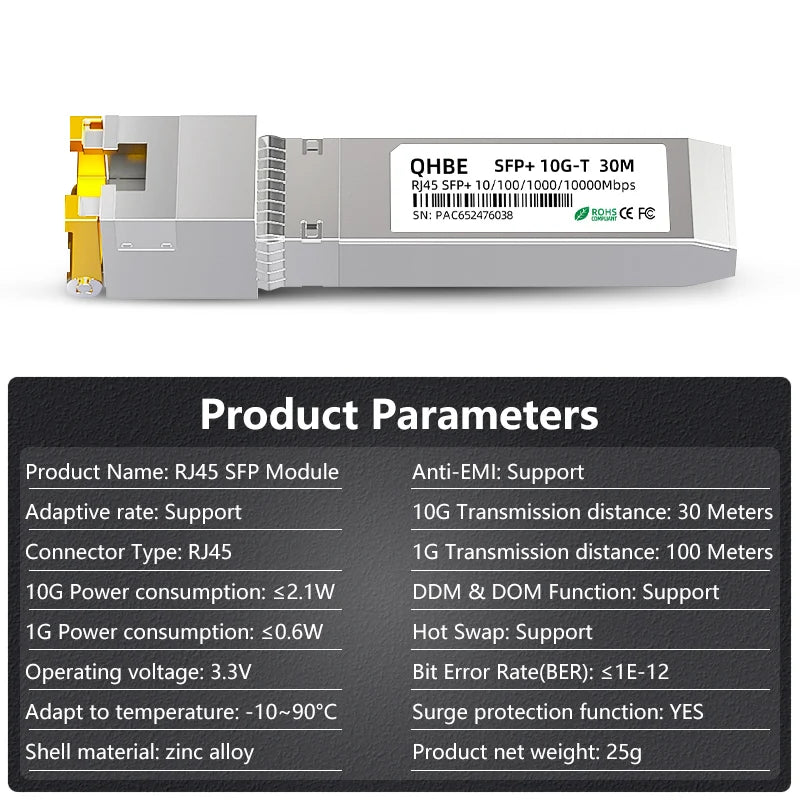 Adaptive Rate RJ45 SFP Module For Mikrotik/Cisco 10GBase-T RJ45 SFP+ Module For Switch/Routers 1000BASE-T Copper SFP Transceiver