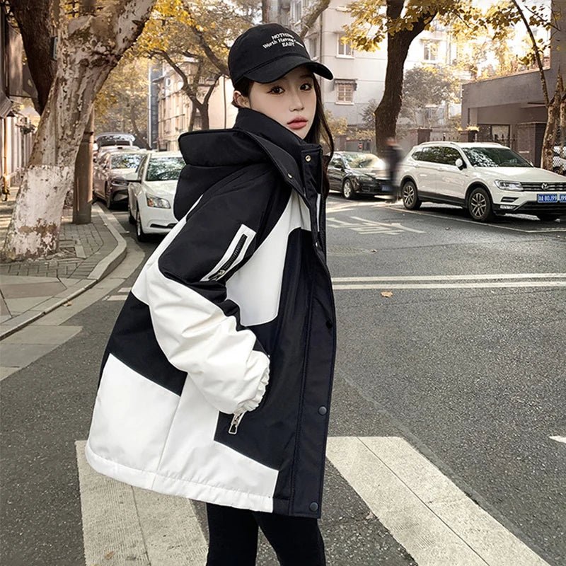 Black and White Patchwork Women Autumn Hiking Jacket Winter Winderproof Warm Hooded Coat Korean Zip Up Streetwear Couple Jackets