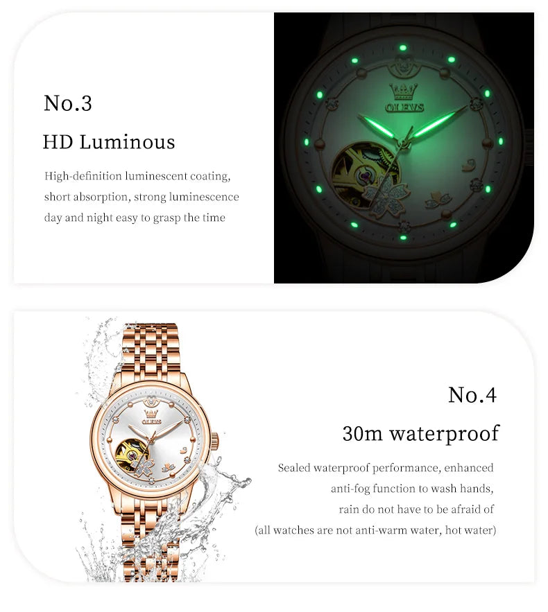 OLEVS 6732 Women's Watches Elegant Rose Gold Stainless Steel Hollowed Diamond Dial Automatic Mechancial Watch Gift Box for Women