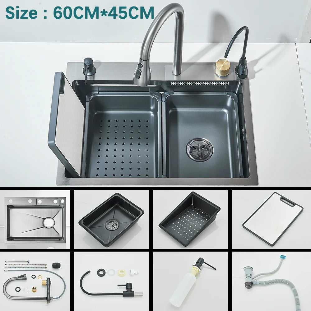 304 Stainless Steel Kitchen Waterfall Sink Digital Display Large Single Sink Dish Basin Sink With Multifunction Touch Waterfall