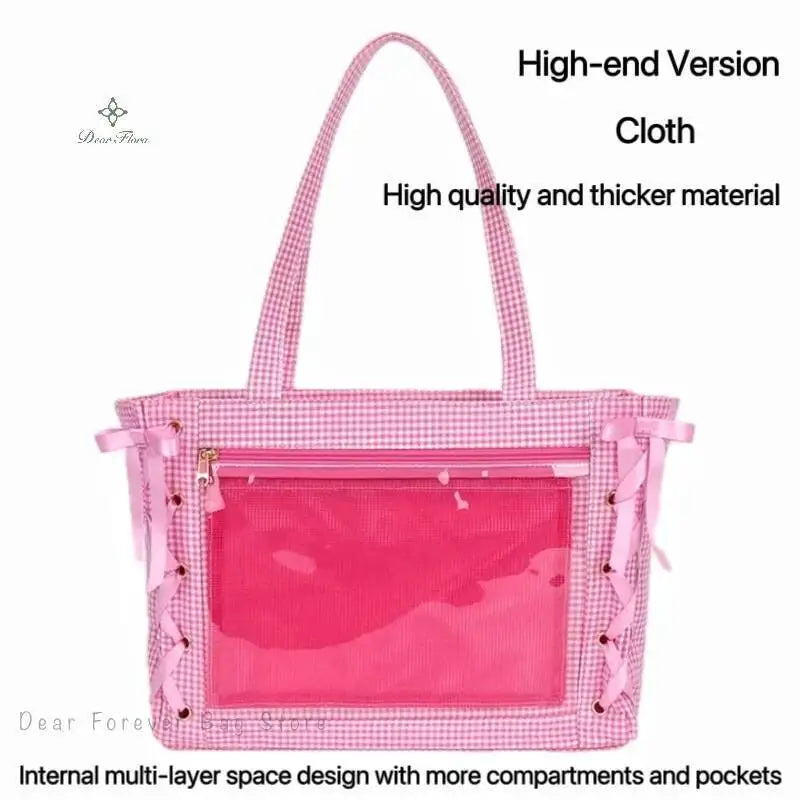 Japanese Sweet Women Ribbon Ita Bag Fashion Large Capacity Tote Bag Aesthetic Shoulder Bag Cute Lolita Girl Transparent Handbags