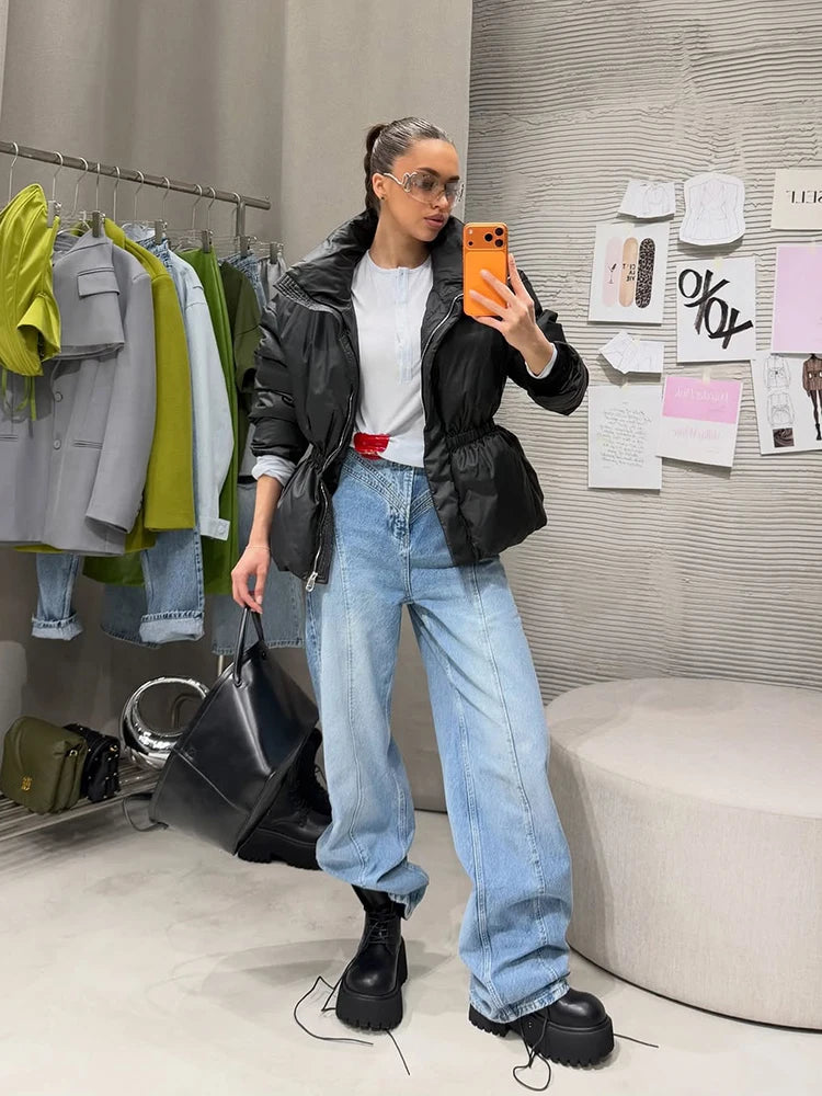 Casual Women's Waist Cinched Padded Cotton Coats Stand Collar Zipper Full Sleeve Coat 2026 Autumn Winter Lady Down Jacket New