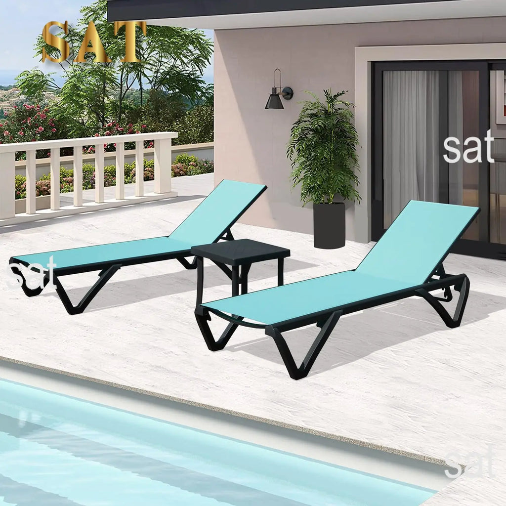 ！@！@3pcs Adjustable Aluminum Outdoor Sun Loungers Blue Textilene Side Table All Weather Leisure Deck Lawn Poolside Backyard Lake