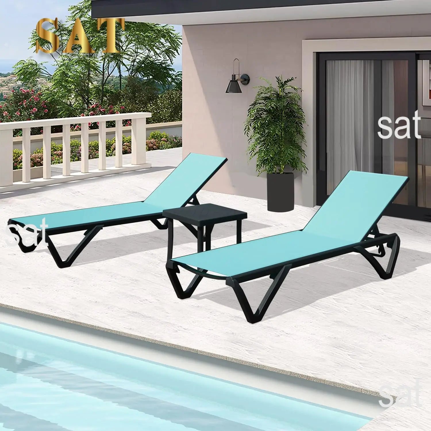 ！@！@3pcs Adjustable Aluminum Outdoor Sun Loungers Blue Textilene Side Table All Weather Leisure Deck Lawn Poolside Backyard Lake