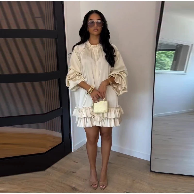 Fashion Ruffled Mini Dress for Women Elegant Long Puff Sleeve O Neck Short Dresses 2026 Summer New Lady Solid Loose Robe Street