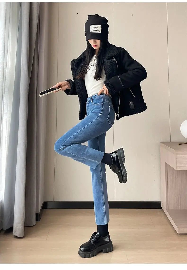 Womens Jeans Fleece Lined Thickened Winter Warm Straight Leg Loose Fit High Waist Slimming Trousers Y2k Clothes Y2k Jeans