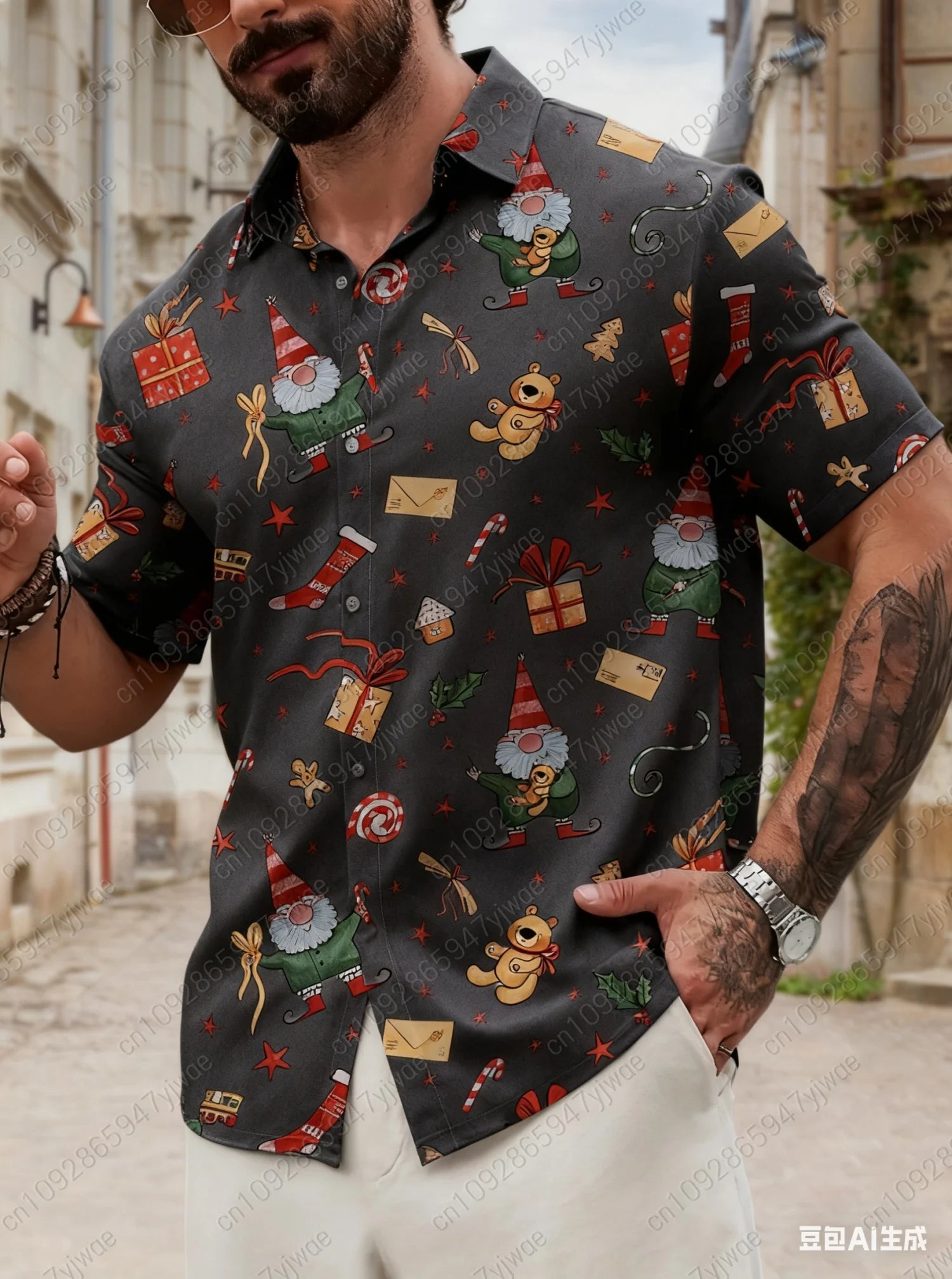Christmas Santa Claus mens Graphic Print Short Sleeve Lapel Shirt Men's Casual Button-Down Shirts For Summer Daily Wear shirts