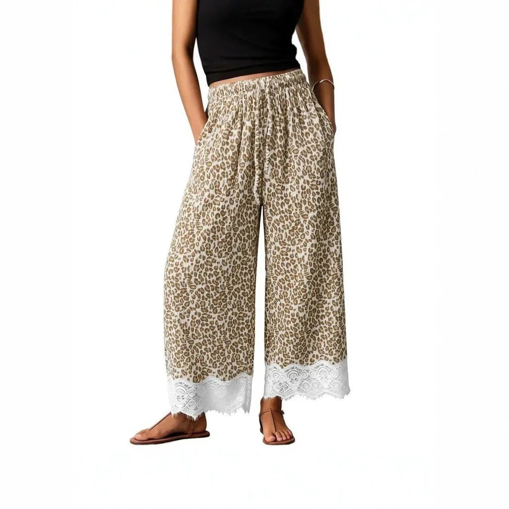Women Leopard Print Wide Leg Pants Elastic Drawstring Waist Lace Trim Hem Loose Casual Palazzo Trousers With Pockets