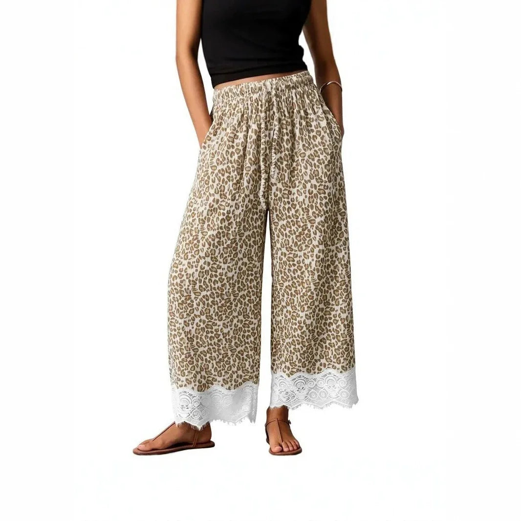 Women Leopard Print Wide Leg Pants Elastic Drawstring Waist Lace Trim Hem Loose Casual Palazzo Trousers With Pockets
