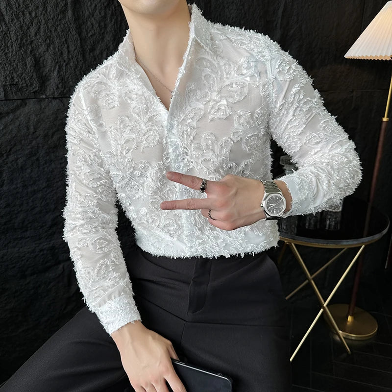 Tassels Shirts For Men Korean New Autumn Winter Long Sleeve Men's Social Shirt Slim Fit All Match Plain Color Blouse Homme 4XL-M