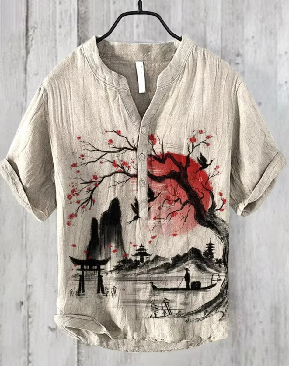 Hot sale Henry shirt 2025 summer men's casual short-sleeved T-shirt floral print top linen blend comfortable fabric XS-6XL size