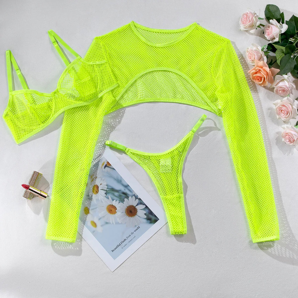 Sexy Transparent Bra Set With Long Sleeve Crop Top Fishnet Lingerie Eco-Friendly Packing
