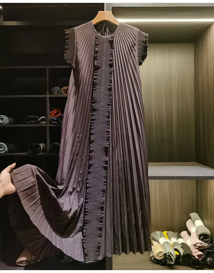 Miyake Pleated Solid Color Dresses High-End 2026 Ruffled Handmade Pleats Solid Color Fold Dress Summer Elegant Sleeveless Dress