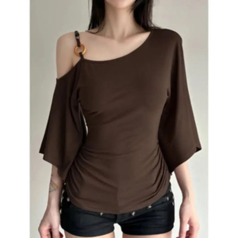 Sexy Retro Style Five-Quarter Sleeve T-Shirt Women's Waist-Cinching Slimming Fashionable Versatile Top Trendy Streetwear