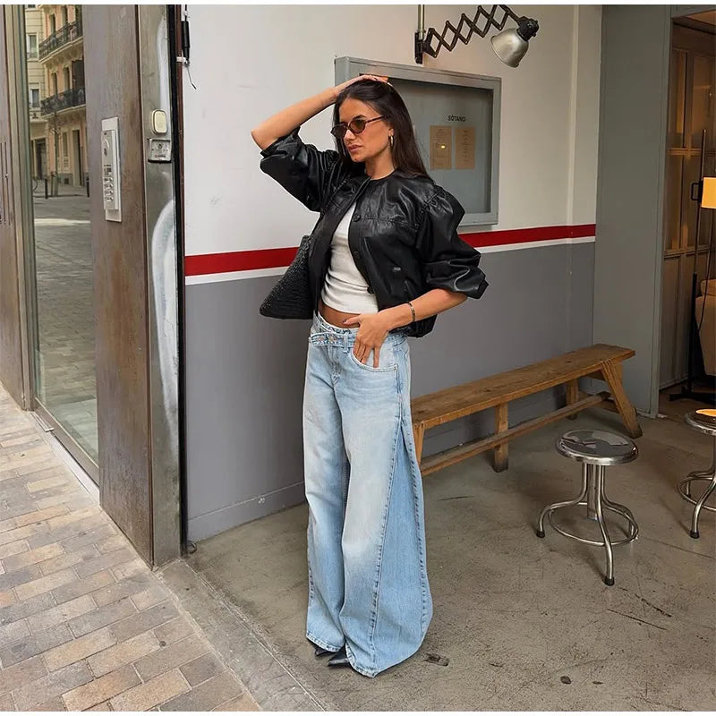 2026 Spring Low Waist Pleated Wide Leg Jeans Light Wash Raw Edge Double Waistband Casual Women Pants Trendy Y2K Lady Trousers