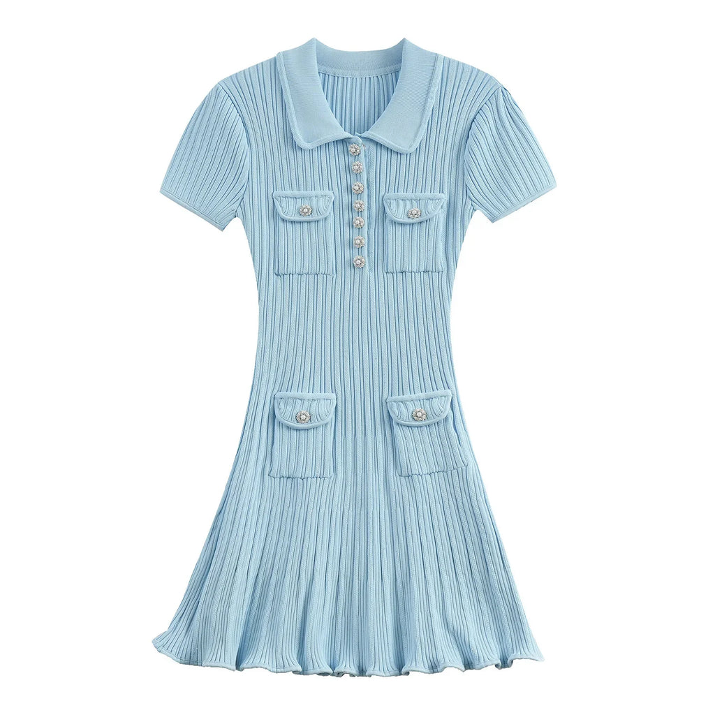 Brand Designer Polo Knitted Dress Women Summer Short Sleeve Single Breasted Flower Button Knitting Sweater Mini Dresses