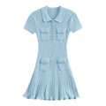 Brand Designer Polo Knitted Dress Women Summer Short Sleeve Single Breasted Flower Button Knitting Sweater Mini Dresses