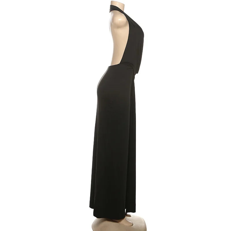 Women Solid Elegant Sexy Halter Backless Maxi Evening Party Dress Draped Deep V Neck Sleeveless High Split Long Robe Clubwear