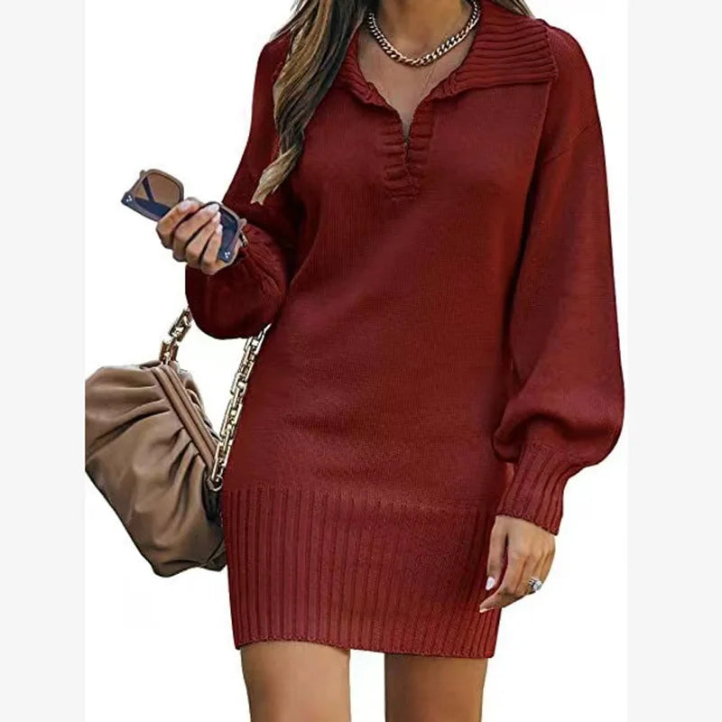 Women's Sweater Mid Length Dresses Fashion Lapel Lantern Sleeve Knit Solid Color Elegant Female Fall Winter Sweater Dress 2024