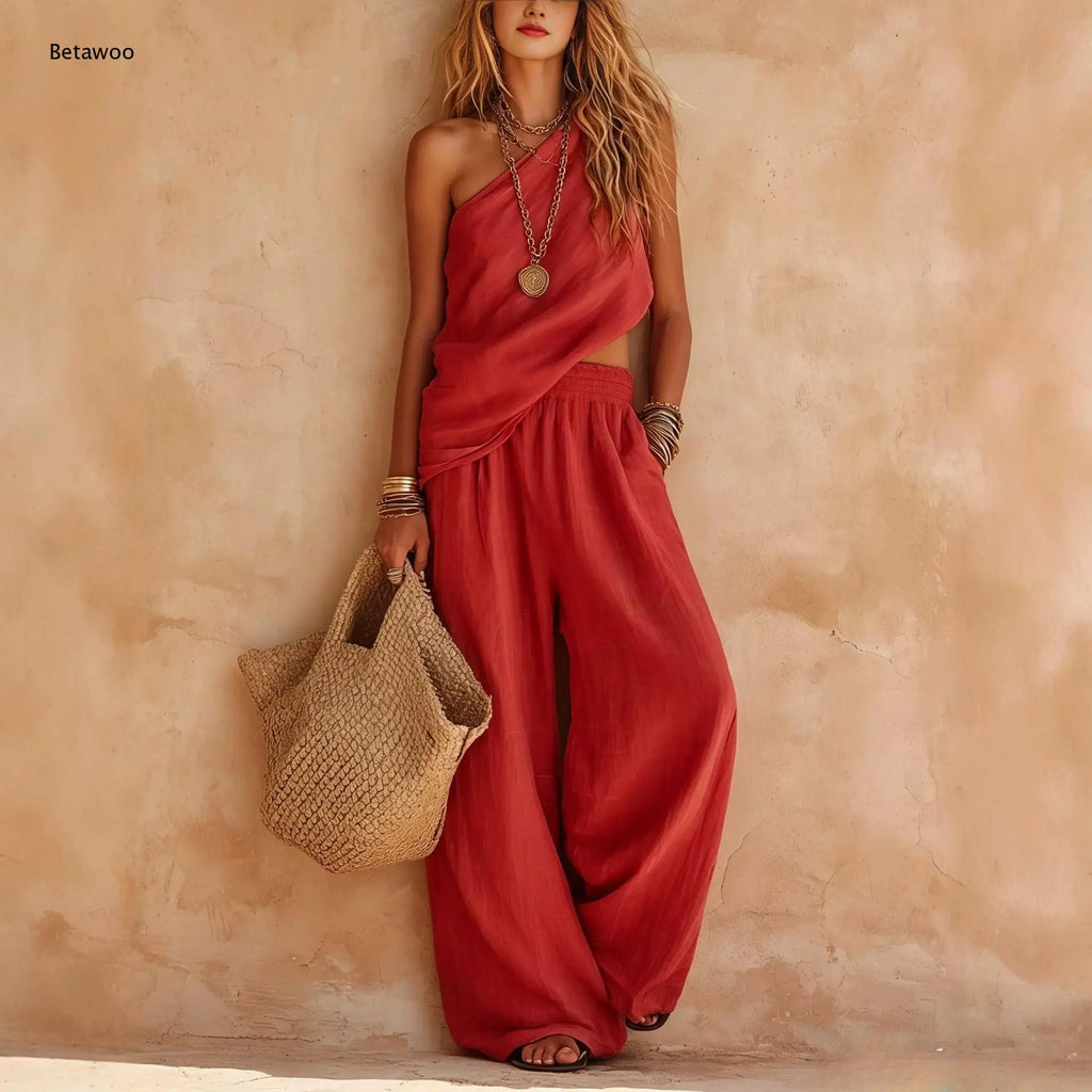 Women One Shoulder Sleeveless Top and Elastic Waist Wide Leg Pants Set Loose Casual Ladies Two Piece Outfit