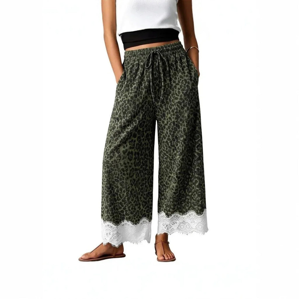 Women Leopard Print Wide Leg Pants Elastic Drawstring Waist Lace Trim Hem Loose Casual Palazzo Trousers With Pockets