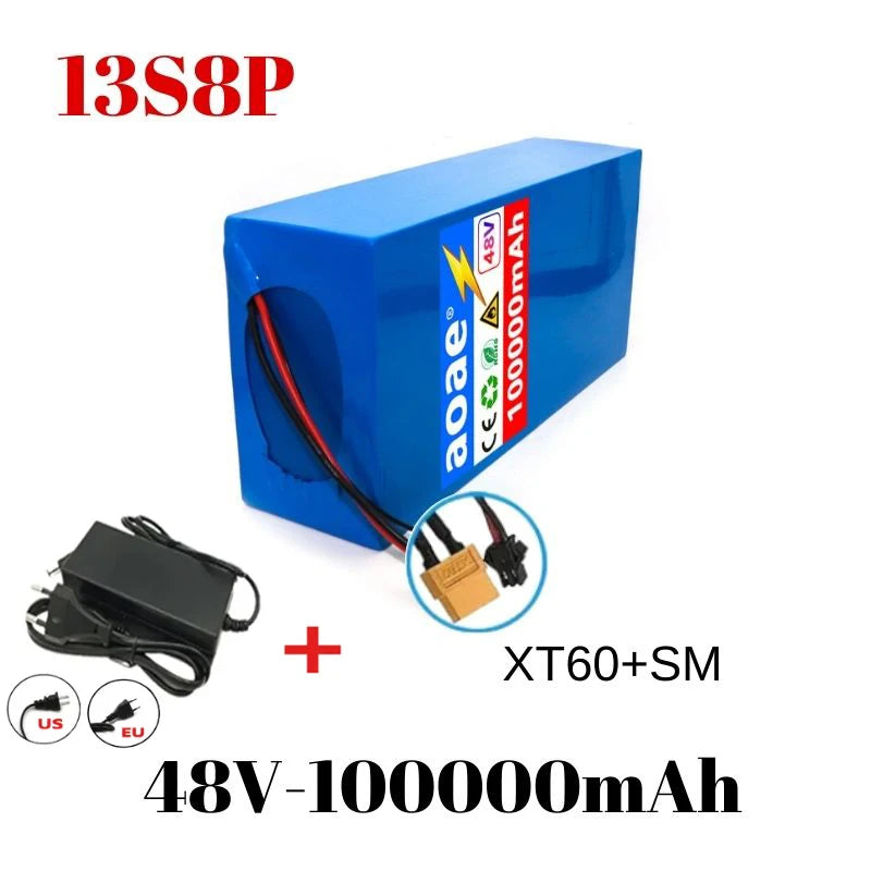 48V 13s8p Lithium-Ion Battery Pack 100000mAh 2000W Electric Battery for Electric Scooters Mountain Built-In 50A BMS Charger
