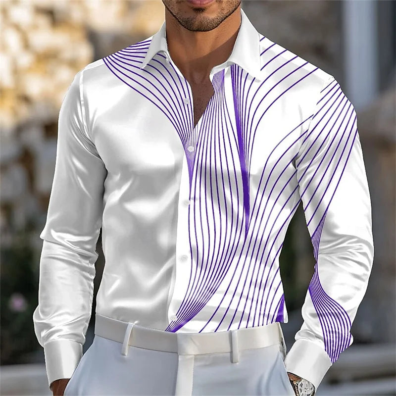 Men's geometric gradient wave satin long-sleeved shirt fashion casual vacation daily summer spring and autumn lapel shirt