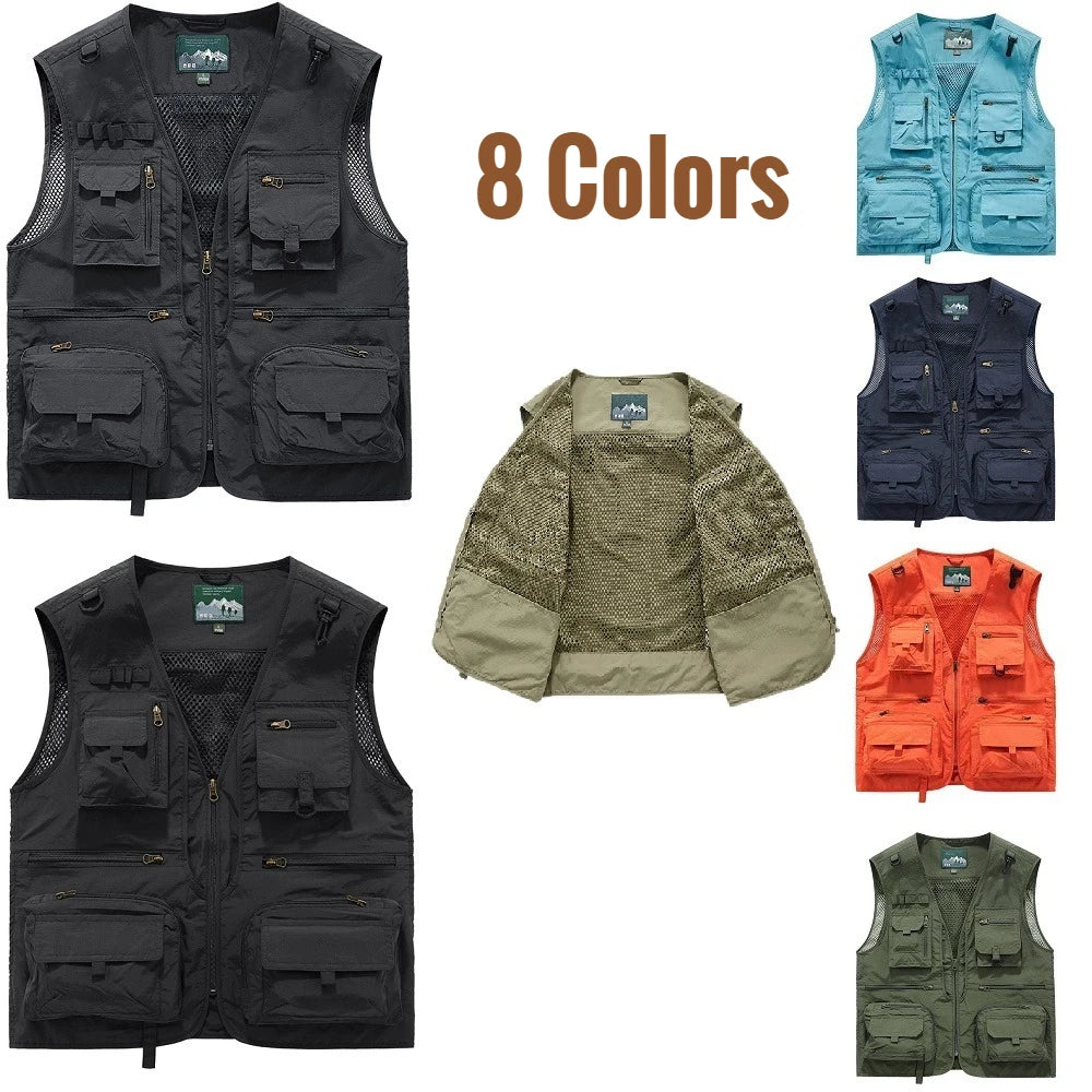 Mesh Men's Fishing Vest Multi Zip Pocket Hiking Waistcoat Male Light Thin Outdoor Sleeveless Jacket Work Summer Travel Plus Size