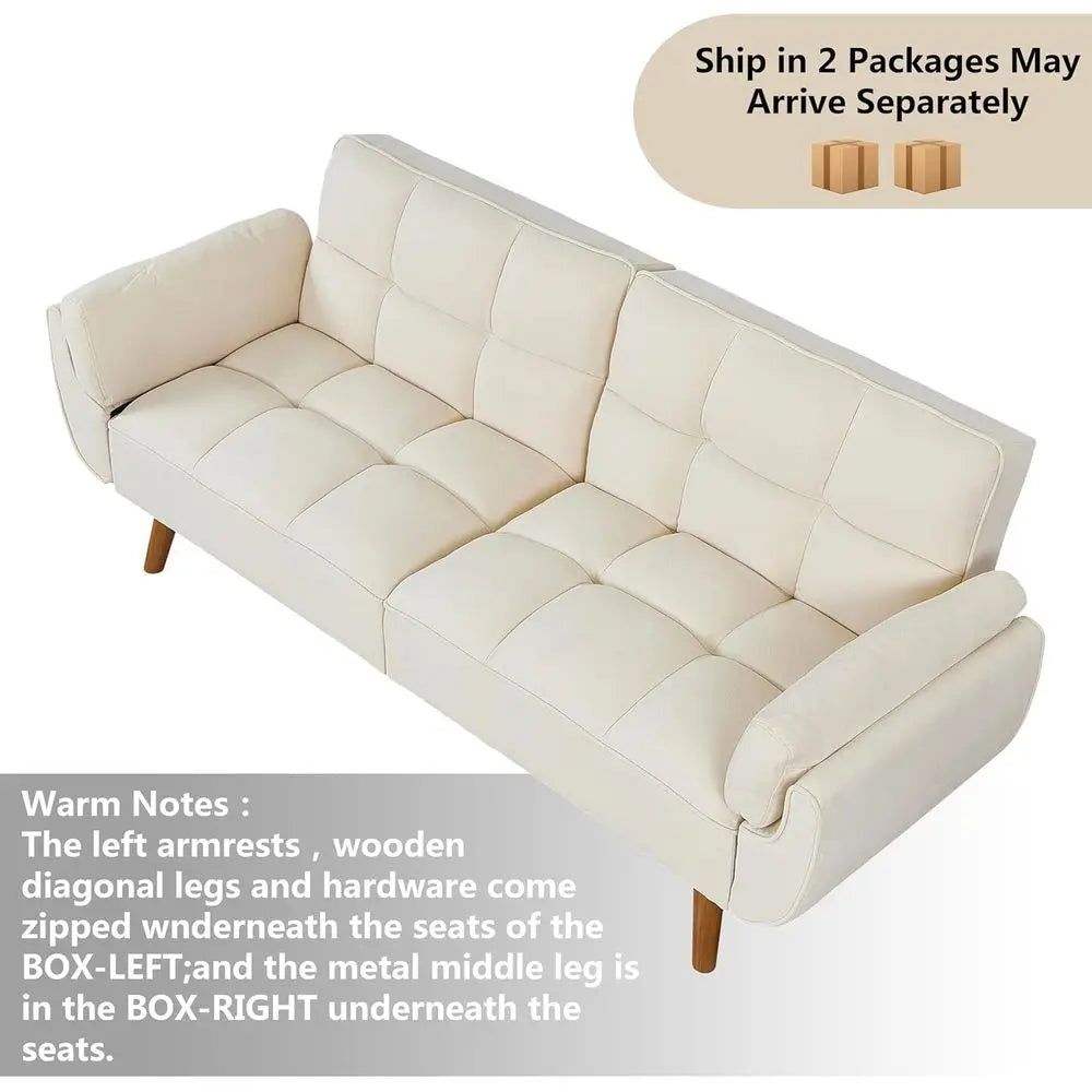 Twin Size Convertible Sleeper Sofa with Reclining Linen Split Back and Pillow Top Arms for Compact Living Spaces in Beige