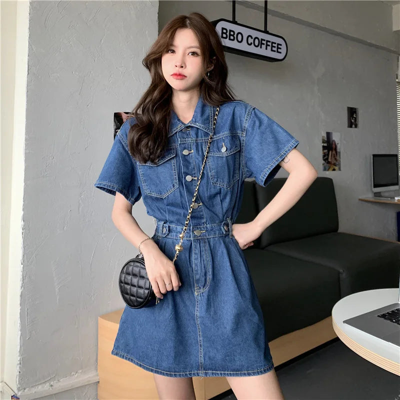 Women Vintage Denim Shirt Dress High Waist A-line Jean Mini Dress for Ladies Retro Y2K Streetwear Dresses for Women Party Outfit