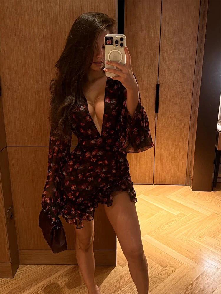Women Flora Painted Ruffle Mini Dress Elegant Full Sleeve Deep V-neck Slim A-line Vestidos 2026 New Lady Holiday Street Dresses
